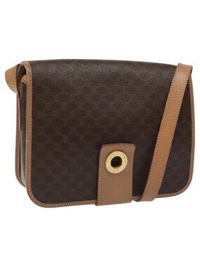 Authentic CELINE Macadam Canvas Shoulder Bag PVC Leather Brown Gold